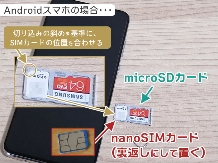 SIMトレイに「SIMカード」「microSDカード」を乗せる