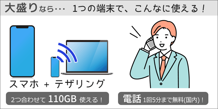 1つの端末で、スマホ+テザリングが110GB。電話も使える！