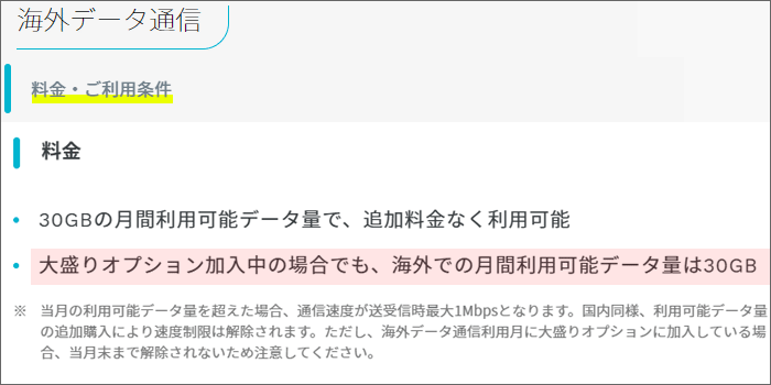 ahamo大盛り：海外利用に関する記載