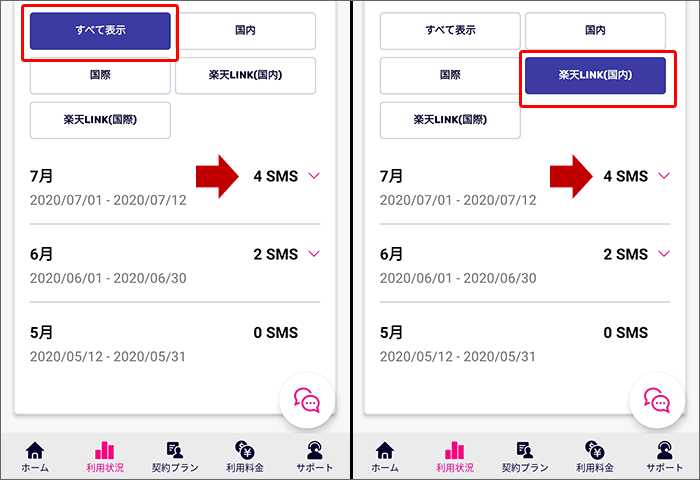 楽天モバイル利用明細(通話)「SMS」と「楽天LINK(国内)」