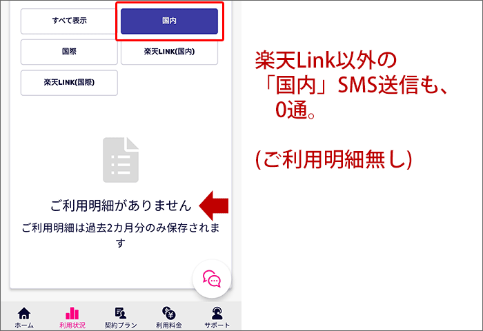楽天モバイル利用明細(SMS)「国内」
