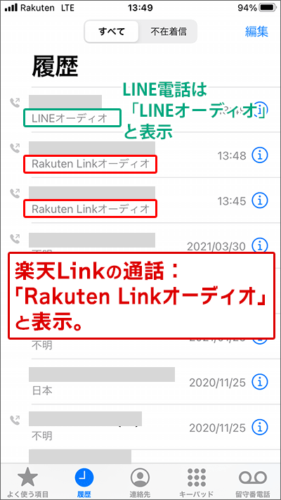 楽天Link:iPhoneの履歴には「Rakuten Linkオーディオ」と表示。