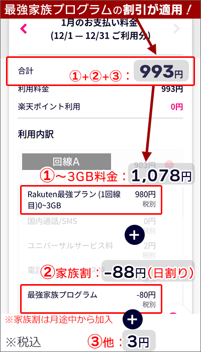 2024年12月利用分の請求画面(回線A)：楽天モバイル