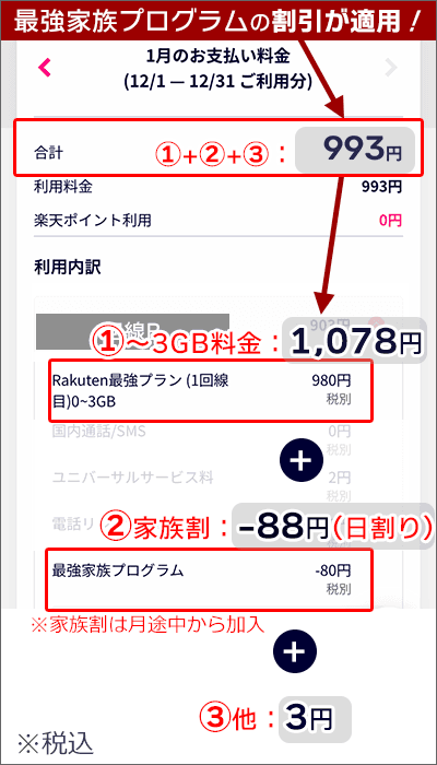 2024年12月利用分の請求画面(回線B)：楽天モバイル