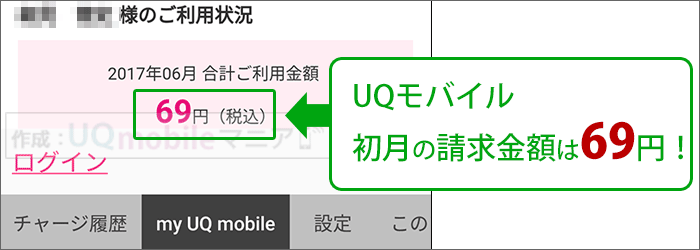 UQモバイル初月の請求金額は69円