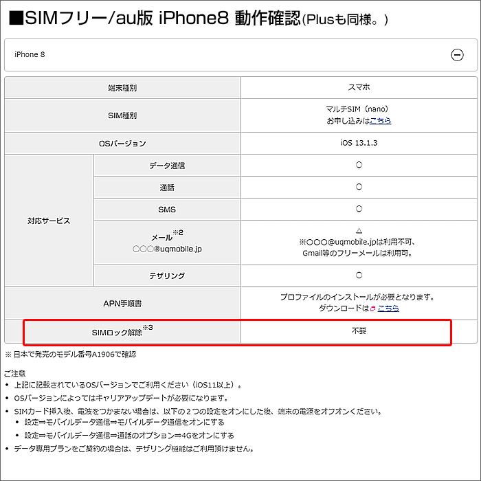 UQモバイルにおける、iPhone8/Plusの動作確認(SIMフリー･au版)