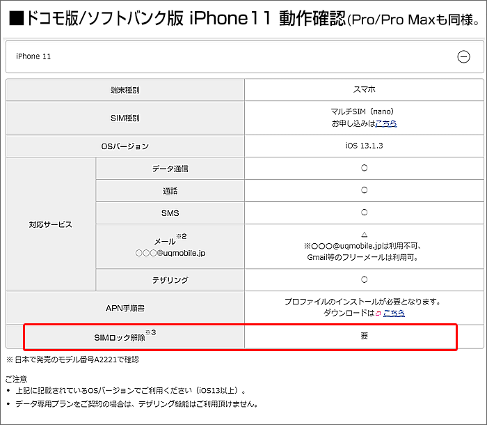 UQモバイルにおける、iPhone11/Pro/Pro Maxの動作確認(ドコモ版・ソフトバンク版)