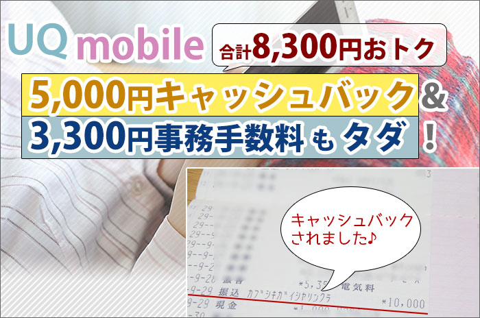 UQモバイル 5,000円キャッシュバック&事務手数料タダ
