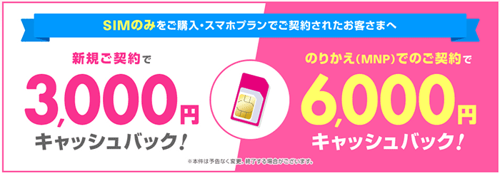 公式ストアでMNP・SIM購入でキャッシュバック!