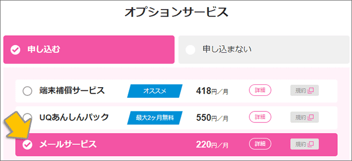 オプションサービスで「メールサービス」を選択