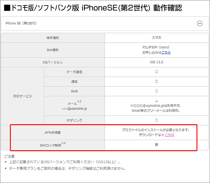 UQモバイルにおける、iPhoneSE(第2世代)ドコモ版・ソフトバンク版の動作確認表