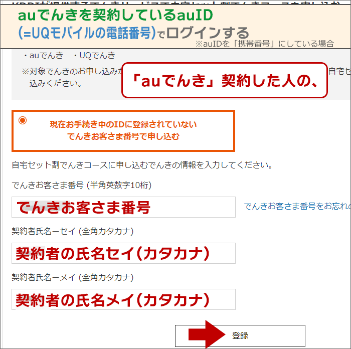 auでんきを契約しているauID(=UQモバイルの電話番号)で、申込み