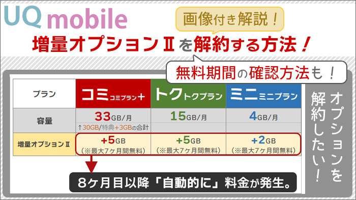 UQモバイル、増量オプションⅡを解約する方法と、無料期間の確認方法を、画像付き解説！