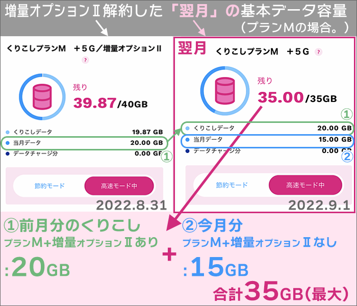 増量オプションⅡ解約した「翌月」も、増量分のデータ容量は繰り越される