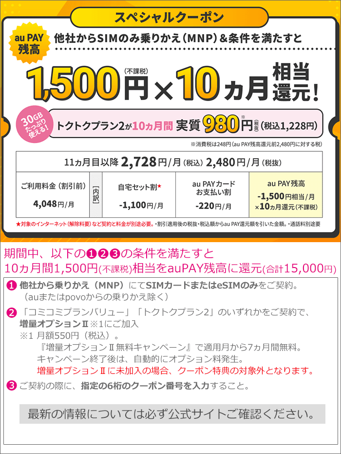 スペシャルクーポン適用で、MNP･SIM購入にauPAY残高還元あり