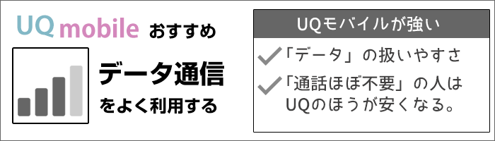 UQモバイルが強い:「データ」の扱いやすさ。「通話ほぼ不要」の人はUQのほうが安くなる。