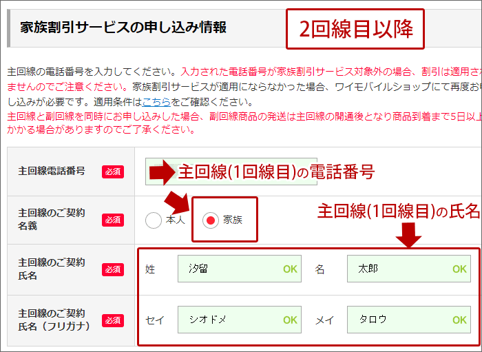 家族割引サービスの申込み情報に、「主回線」の情報を入力