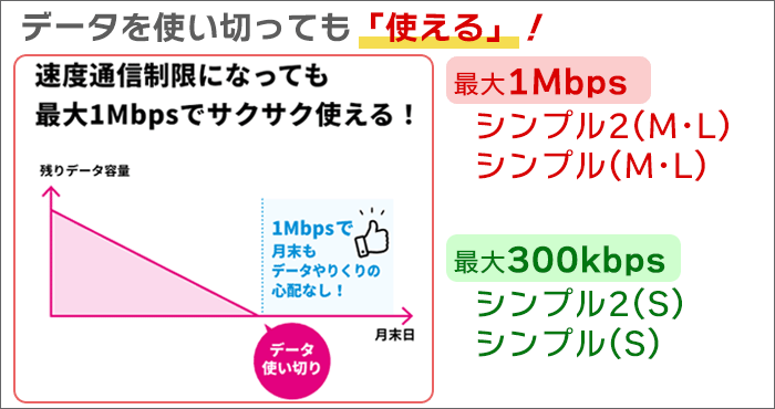 基本データ超過後も、最大1Mbpsで使い放題！