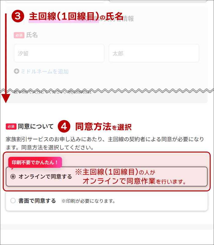 主回線の人が、「家族割引サービス利用の同意」を行う
